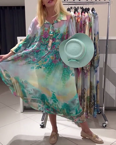 Robe Manches Lanterne Col Chemise Imprimée Longue