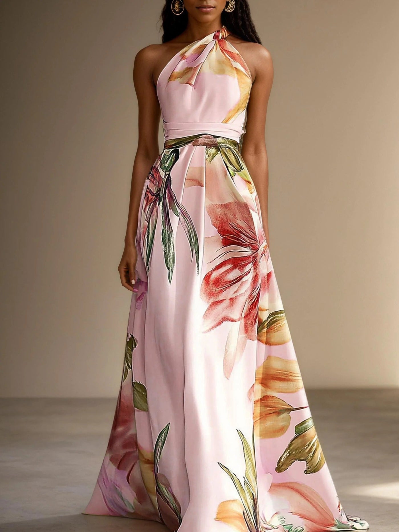 Robe longue trapèze sans manches en satin