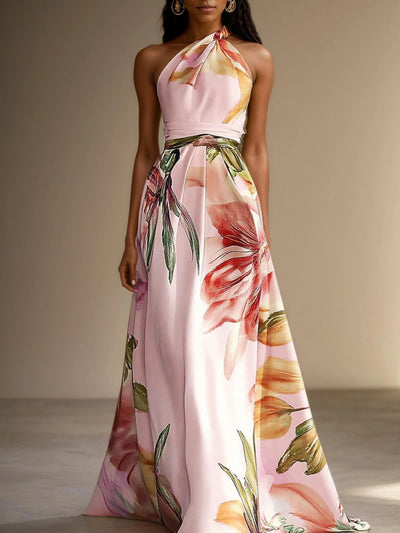 Robe longue trapèze sans manches en satin