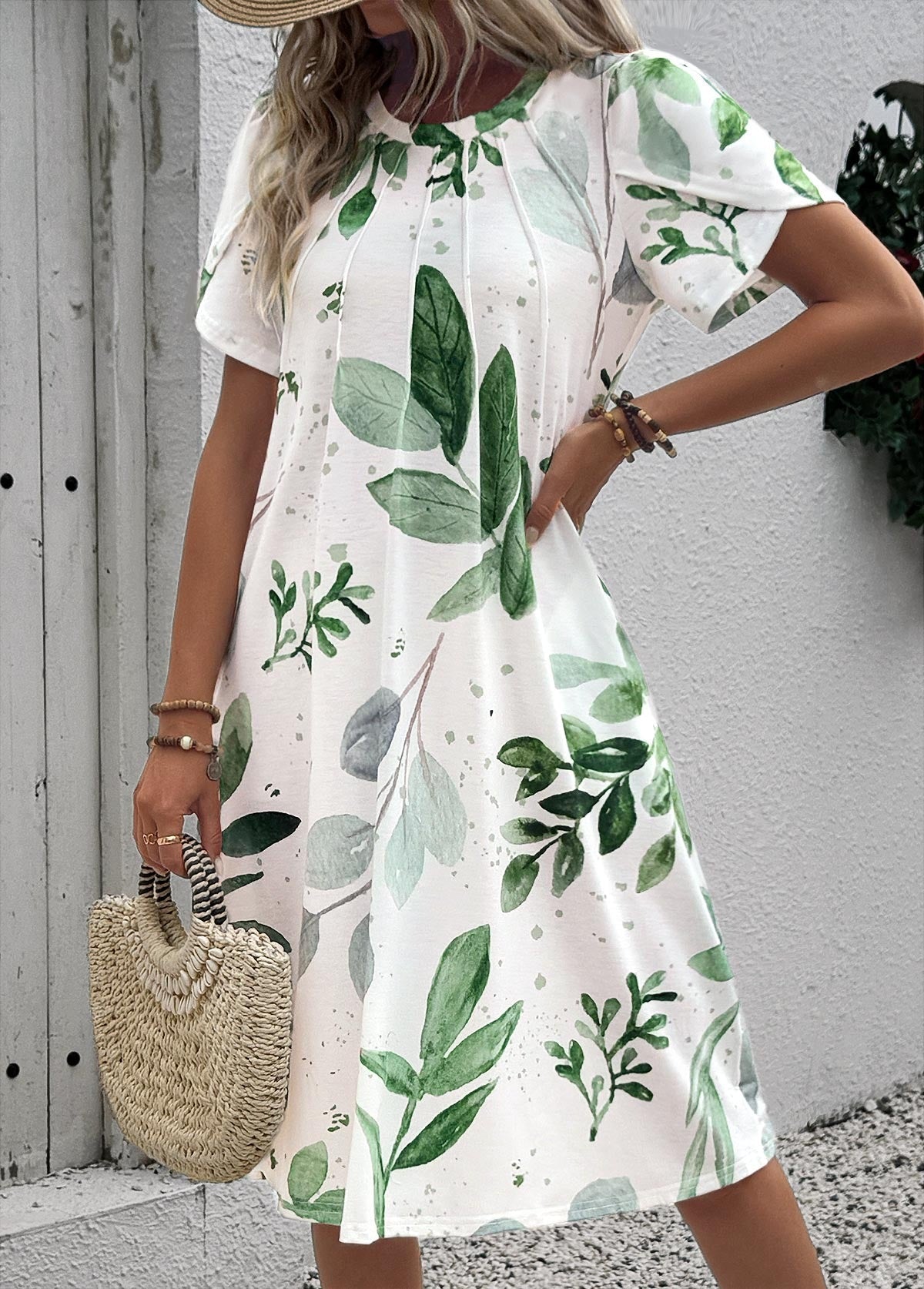 Robe trapèze à imprimé feuilles blanches