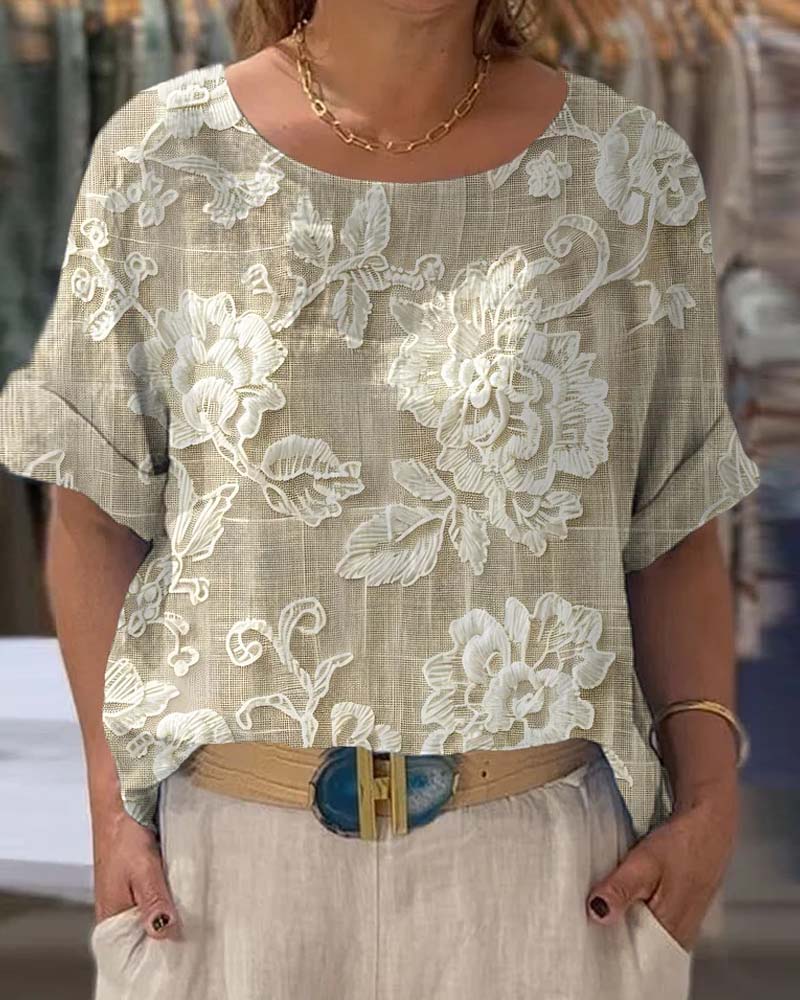 T-shirt avec un Col Rond et un Motif Floral Retro