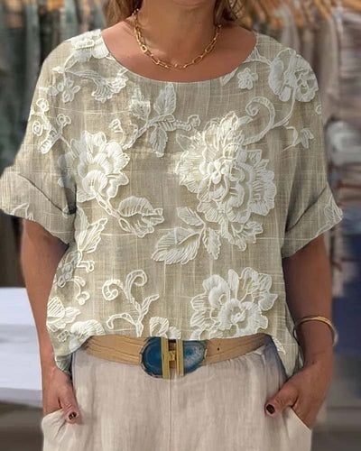 T-shirt avec un Col Rond et un Motif Floral Retro