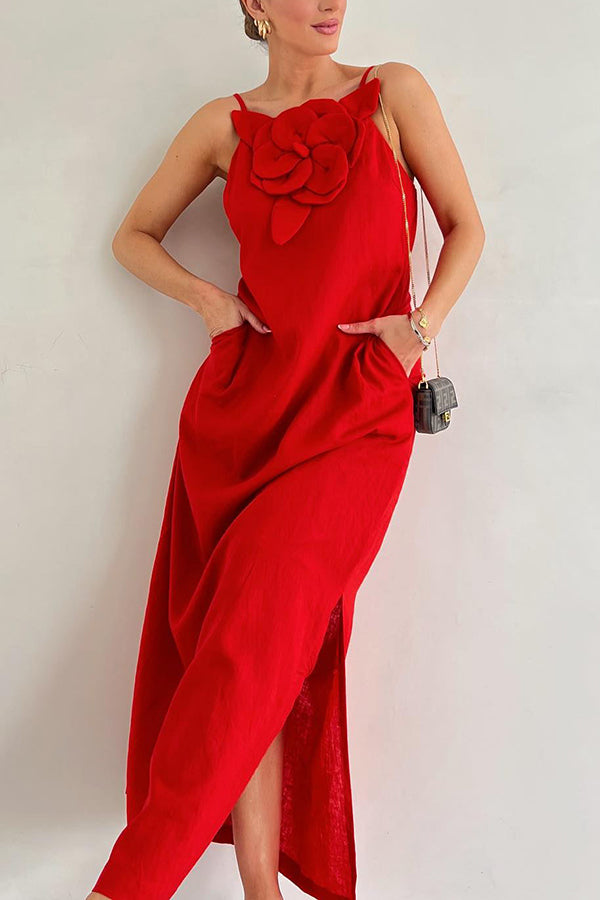 Sophie Paris® | Robe maxi fendue à poches ornée de motifs floraux en mélange de lin