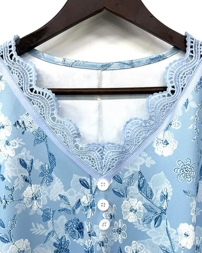 T-shirt Col en V Manches en Dentelle Imprimé