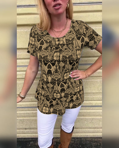 T-shirt décontracté rétro col rond imprimé