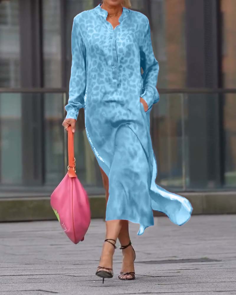 Robe Manches Longues Imprimé Léopard Fente