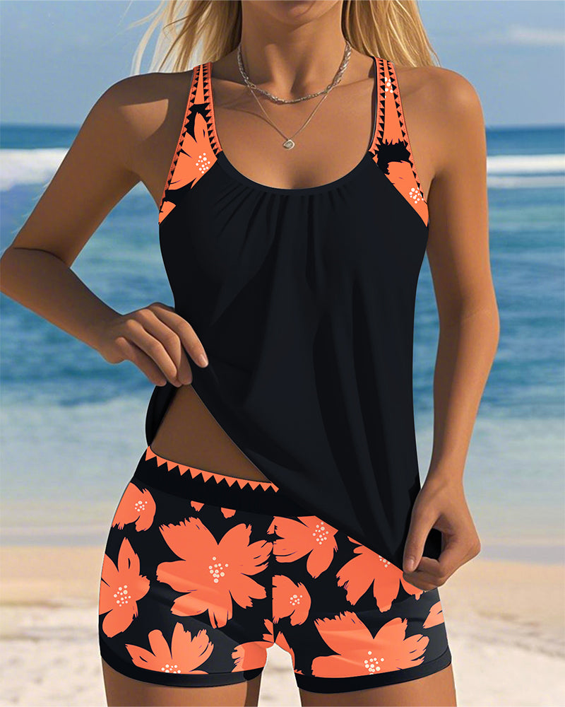 Tankini Décolleté En U Sans Manches Imprimé Boxer
