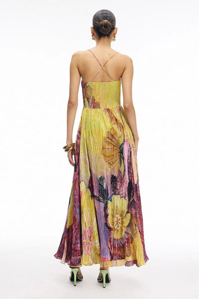 Robe longue plissée à imprimé floral vibrant