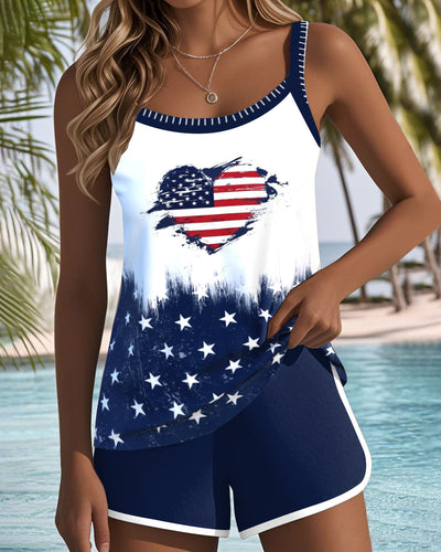 Tankini Drapeau Américain Imprimé Cœur Deux Pièces