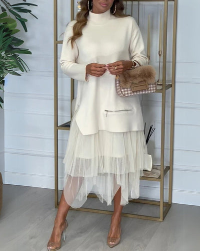 TAYLOR - Ensemble haut en maille à col roulé zippé et jupe ample élastique