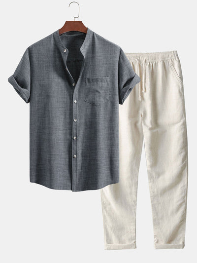 Short Sleeve Stand Collar Shirt & Straight Leg Linen Pants