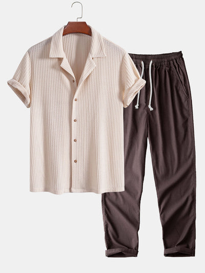 Short Sleeve Knitted Waffle Cuban Shirt & Straight Leg Linen Pants