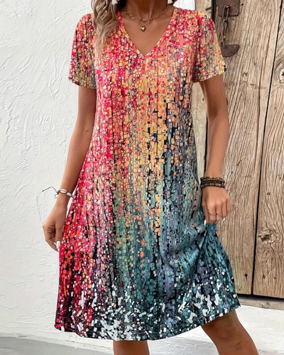 Robe Mi-longue à Col en V et Motif Abstrait Coloré