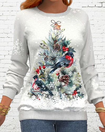 Sweat à manches longues avec motif de sapin de Noël et impression d'oiseaux et de flocons de neige