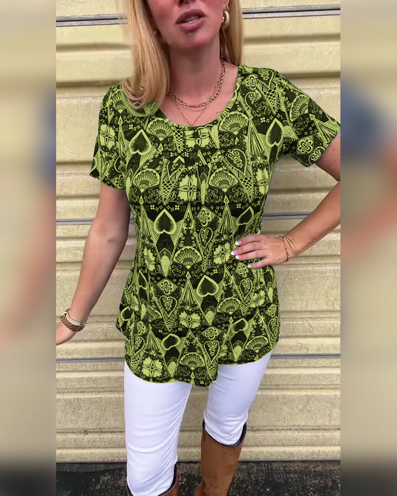 T-shirt décontracté rétro col rond imprimé