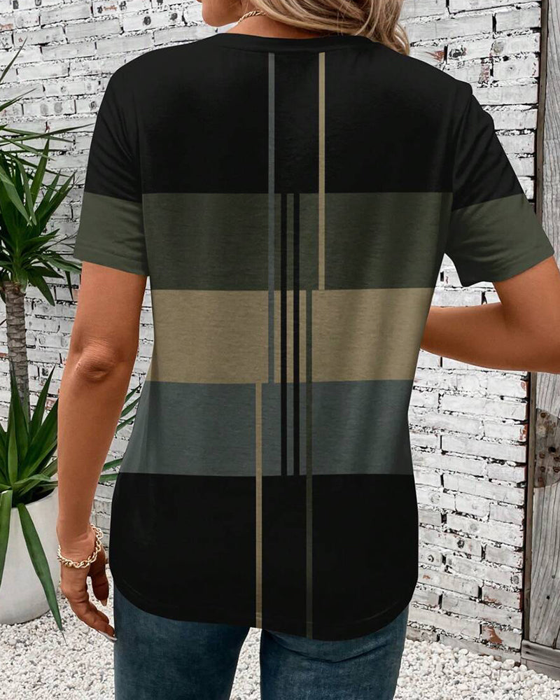 T-Shirt Col Rond Imprimé Géométrique Manches Courtes