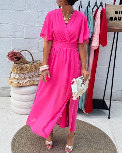 Robe Unie À Col En V Et Taille En Chiffon