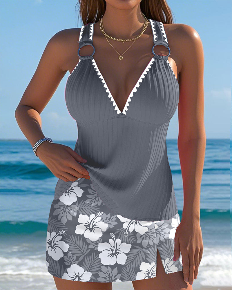 Tankini Débardeur Rayé Jupe Imprimée
