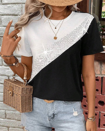 T-Shirt Col Rond Couleur Contrastée Polyvalent