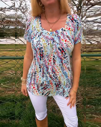 T-Shirt Col U Manches Courtes Imprimé