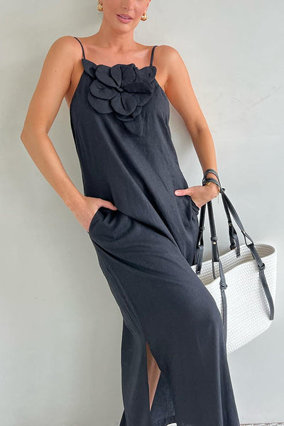 Sophie Paris® | Robe maxi fendue à poches ornée de motifs floraux en mélange de lin