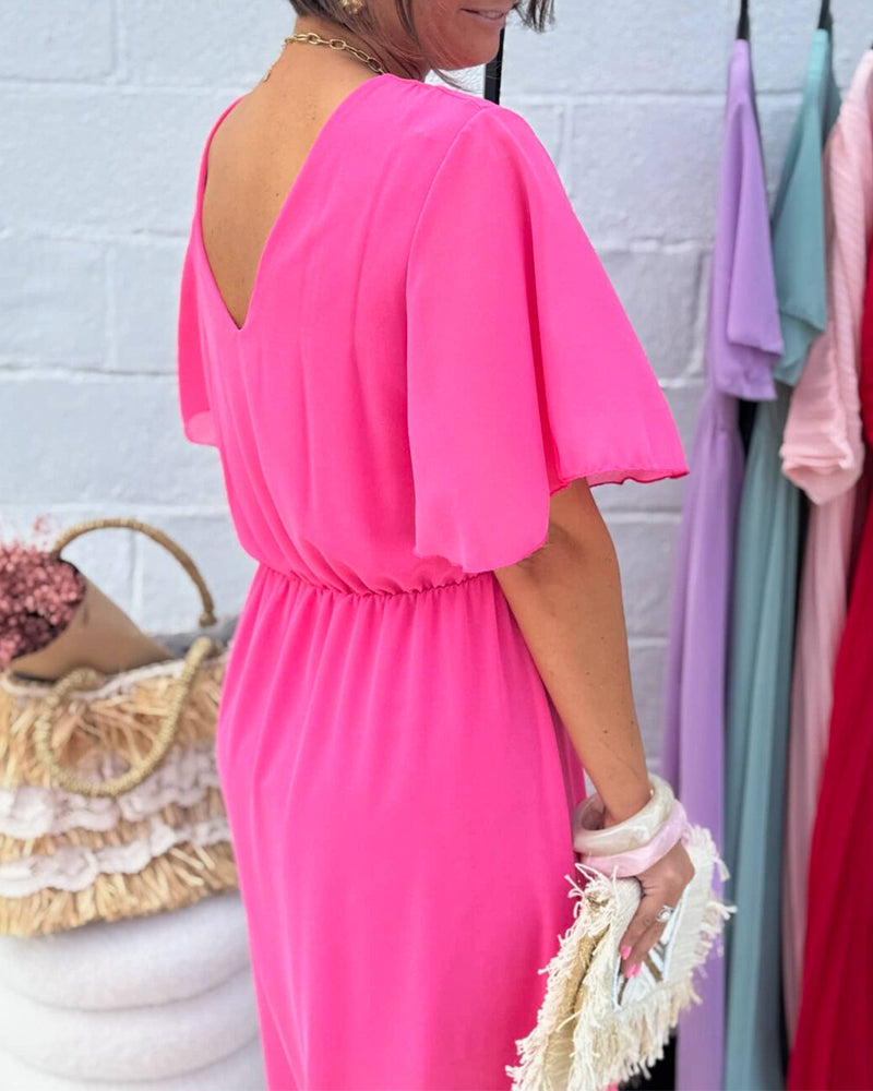 Robe Unie À Col En V Et Taille En Chiffon