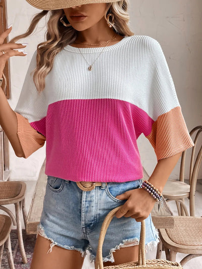 T-shirt décontracté côtelé à blocs de couleurs