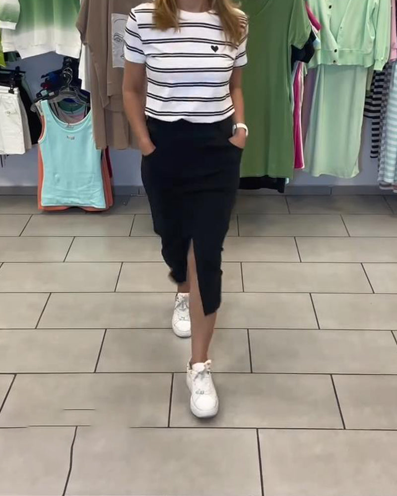 Set Col Rond Rayé Jupe Fendue