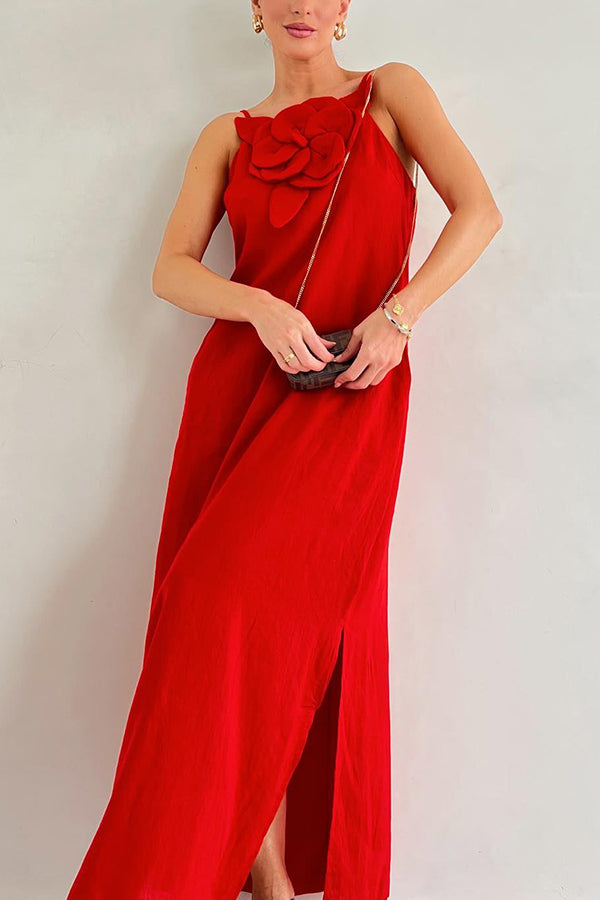 Sophie Paris® | Robe maxi fendue à poches ornée de motifs floraux en mélange de lin