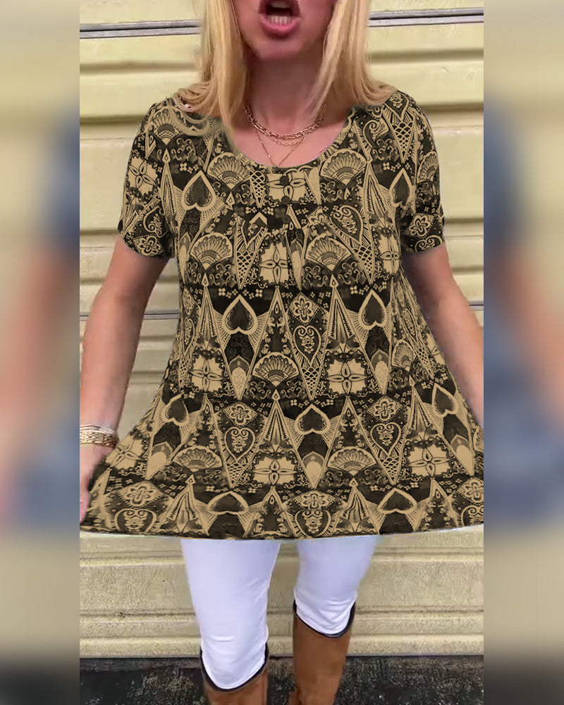 T-shirt décontracté rétro col rond imprimé