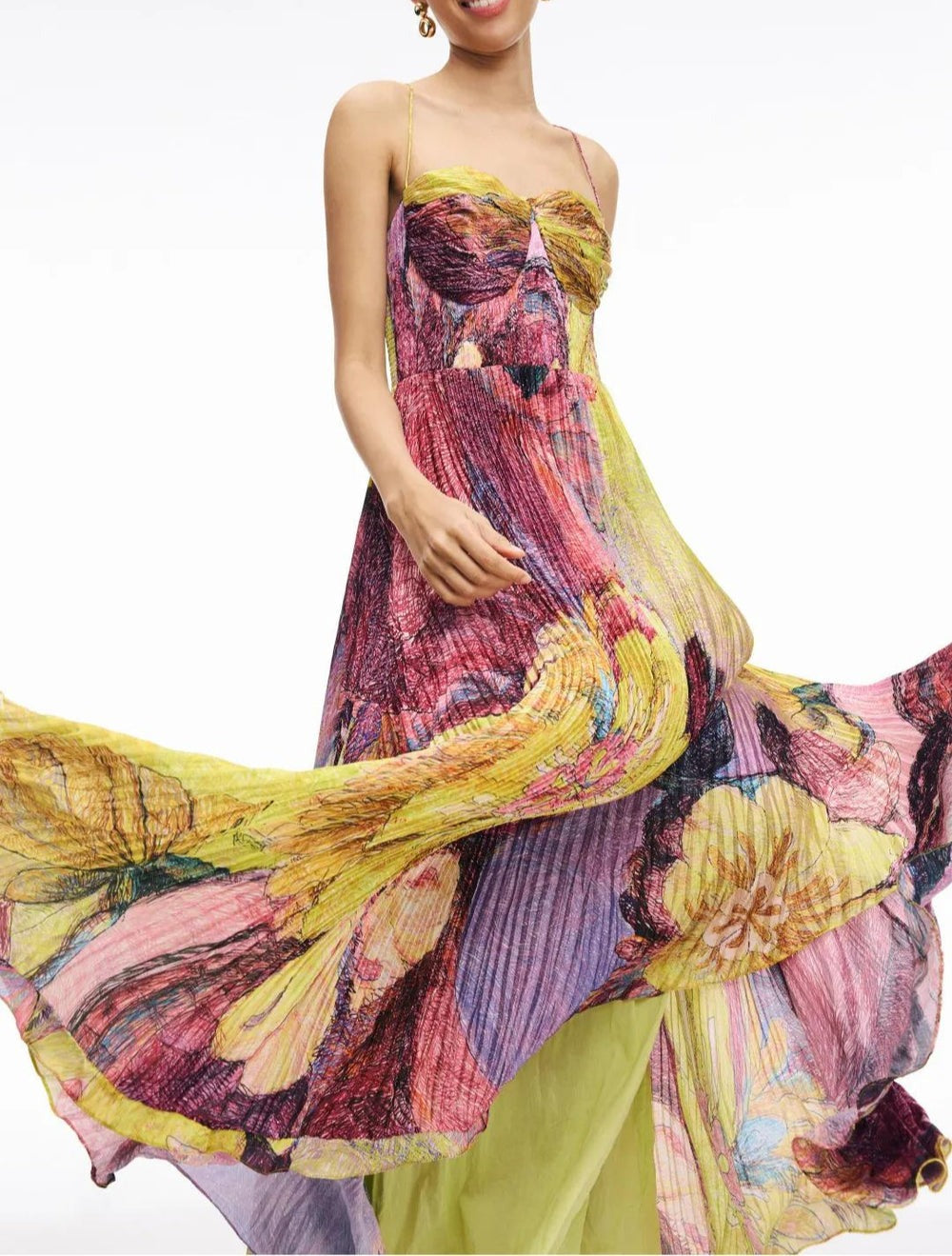 Robe longue plissée à imprimé floral vibrant