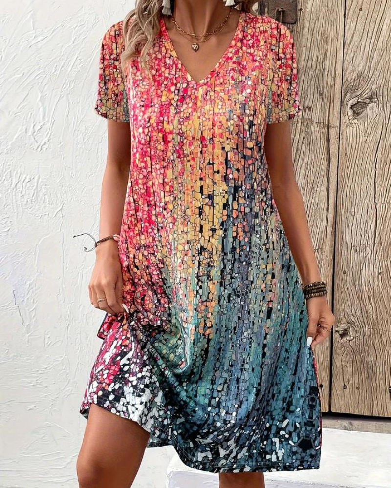 Robe Mi-longue à Col en V et Motif Abstrait Coloré