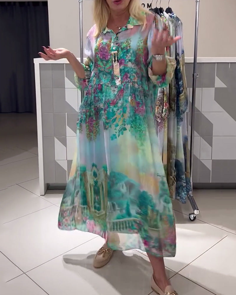 Robe Manches Lanterne Col Chemise Imprimée Longue