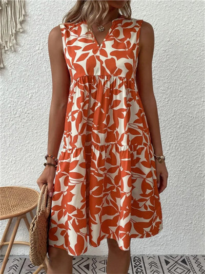 Robe Midi Femme sans Manches à Motif Feuilles
