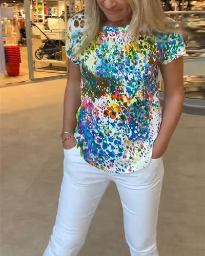 T-Shirt Coloré Fleuri Col Rond