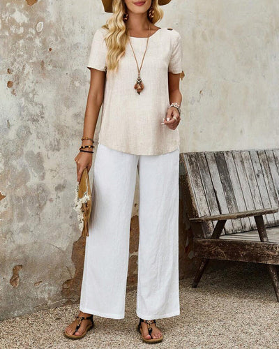 T-shirt Col Rond Coton Et Lin À Manches Courtes