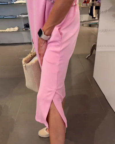 Robe Manches Feuille De Lotus Encolure V Fente Décontractée