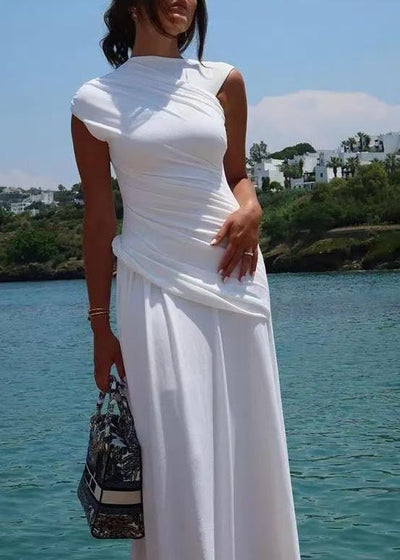 Robe portefeuille sans manches en coton froissé à patchwork blanc slim fit