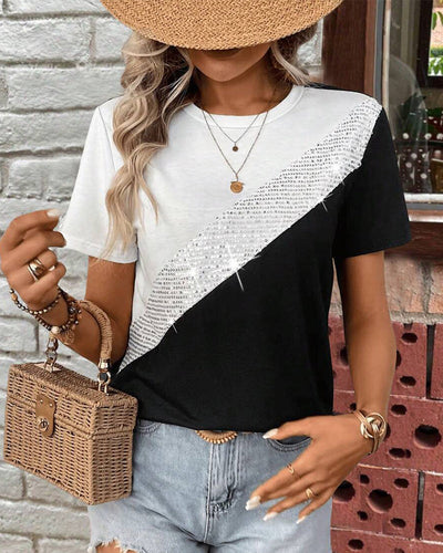 T-Shirt Col Rond Couleur Contrastée Polyvalent