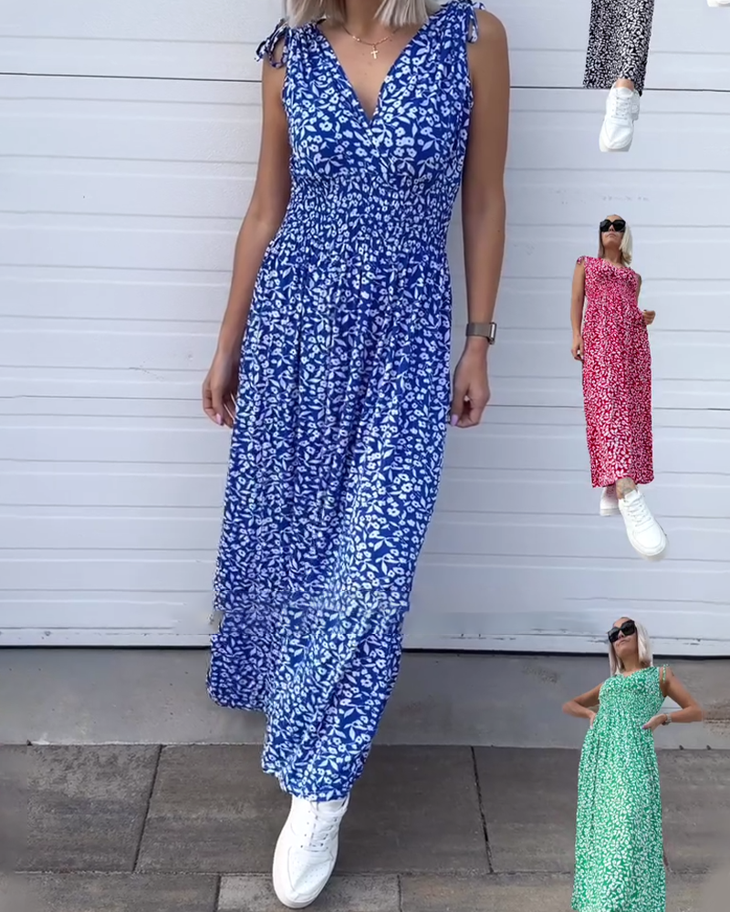 Robe Sans Manches Taille Fleurie Longue