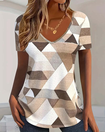 T-shirt avec un Cou en U en Bloc de Couleurs Casual