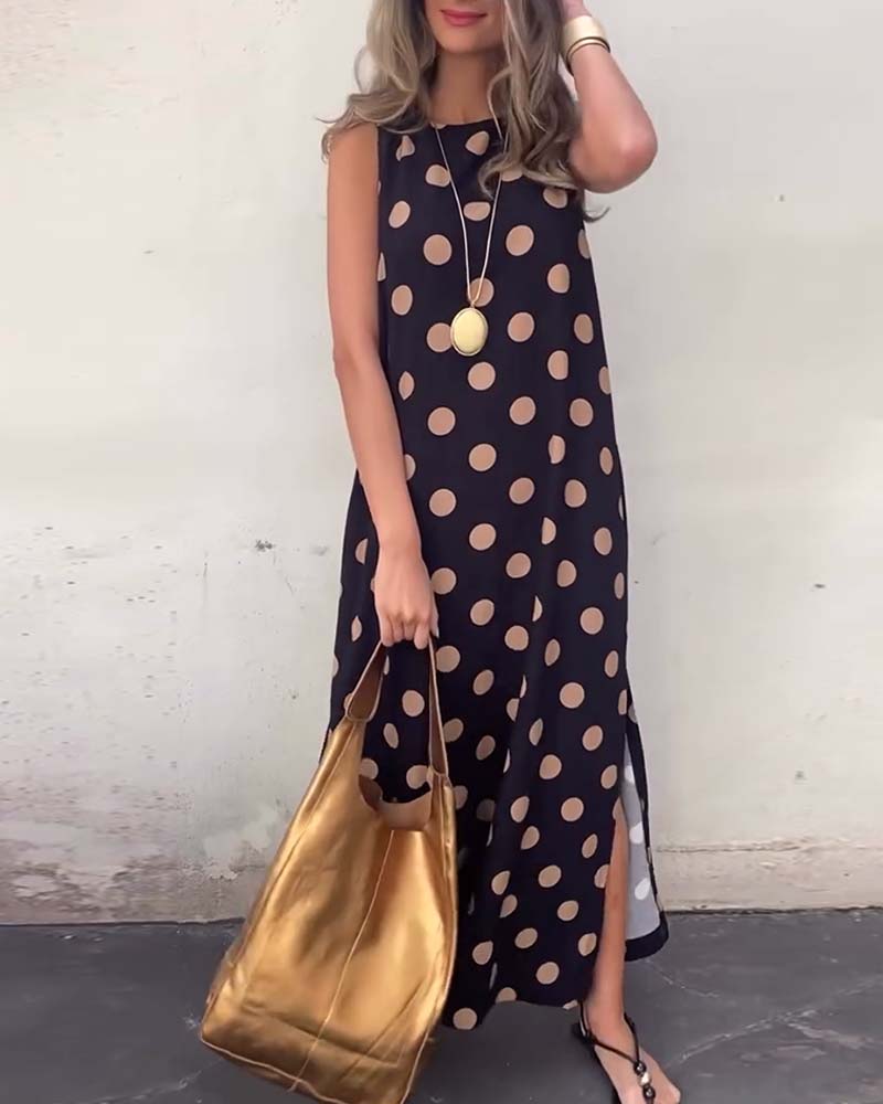 Robe Sans Manches À Pois Fente Maxi