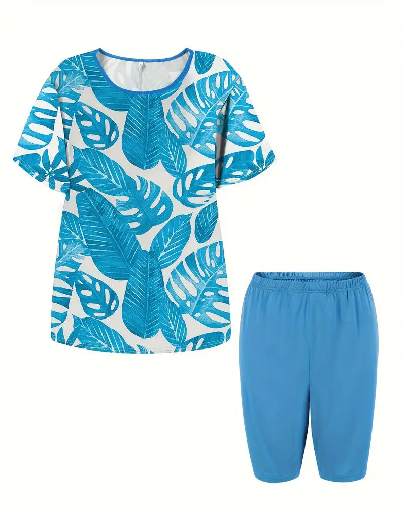 Tankini Col Rond Manches Courtes Imprimé