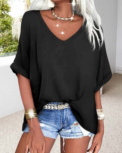 T-Shirt Col En V Ourlet Roulé Manches Courtes Large