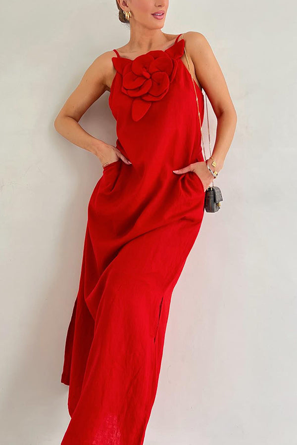 Sophie Paris® | Robe maxi fendue à poches ornée de motifs floraux en mélange de lin