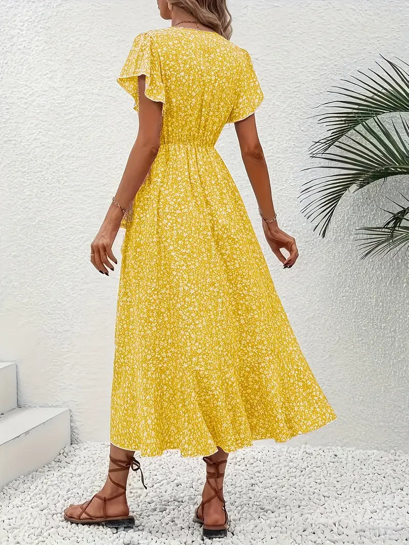 Robe mi-longue élégante à motifs floraux