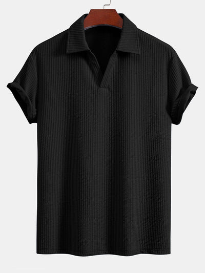 Short Sleeved V-Neck Ribbed Polo & Straight Leg Ribbed Pants