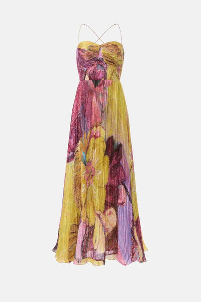 Robe longue plissée à imprimé floral vibrant