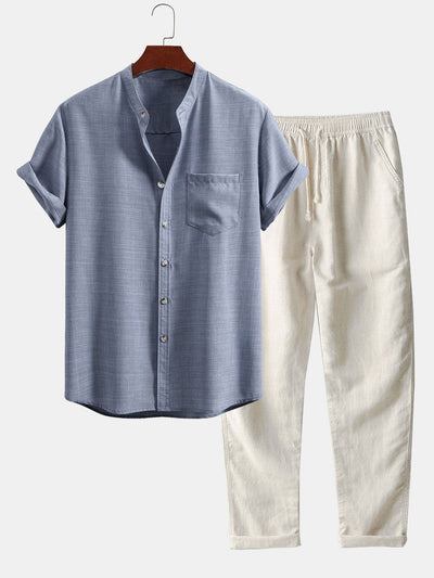 Short Sleeve Stand Collar Shirt & Straight Leg Linen Pants