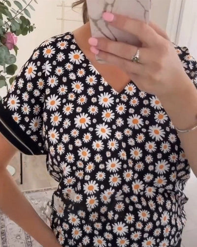 T-Shirt Col En V Avec Imprimé Marguerite